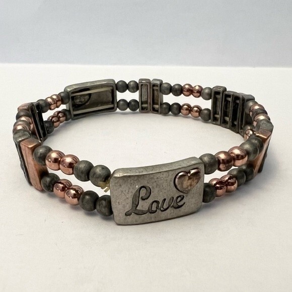 Two Vintage Bracelets Mixed Metal Inspirational Word Charm Beaded Elastic Cuffs - Picture 3 of 9